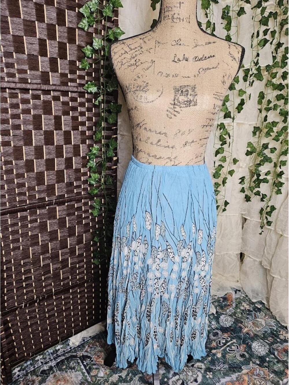 Flowy Blue Pleated Midi Skirt Cottagecore Botanical Lightweight Summer Skirt